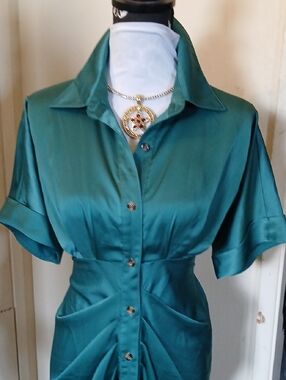 Women’s Satin Button-Front Shirt Dress - Teal